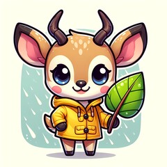 Cute Antelope Wearing Raincoat And Holding Leaf Cartoon Vector Icon Illustration