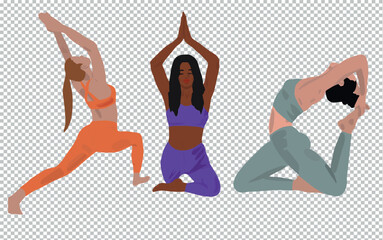 Fototapeta premium 3 femmes posture yoga diversité souplesse sport guerrier vecteur 