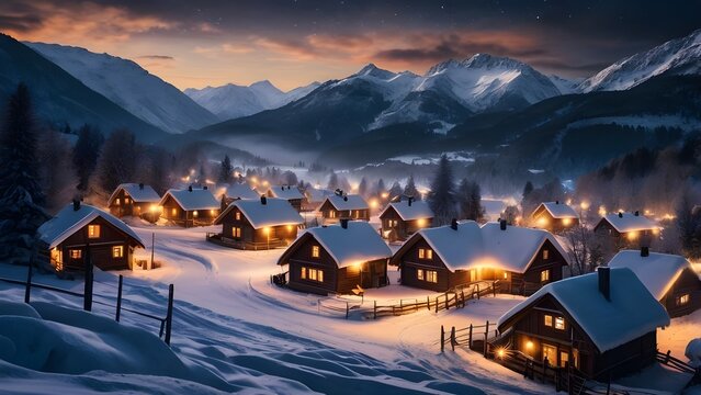 A picturesque winter village nestled in a snowy valley, with cozy wooden cottages, smoke rising from chimneys, and twinkling lights glowing under a starry night sky.