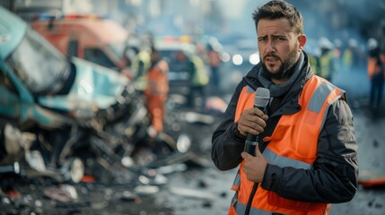 A reporter with a microphone stands in front of a severe road accident, reporting on the event.