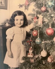 Vintage Christmas Joy: A young girl beams with happiness as she adorns a Christmas tree with...