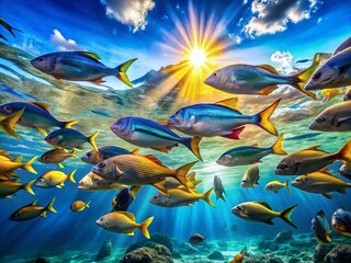 Vibrant Scombridae Fish Swimming Gracefully in Clear Blue Ocean Water Beneath Sunlight Reflections