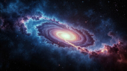Vibrant spiral galaxy swirling in deep space, cosmic nebula with brilliant blue and pink hues illuminating the dark starry universe, celestial wonder