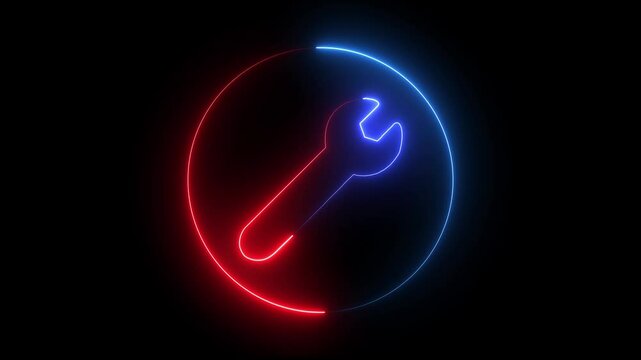 Neon tool icon animation background. Technology settings symbol in digital background.