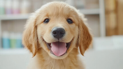 A cheerful groomed golden retriever puppy happily posing for a warm moment in a cozy indoor setting