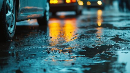 Rainy Night City Street with Car Tire Reflection