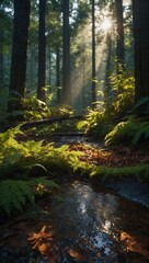 Obraz premium Serene forest scene with sunlight creating patterns on the forest floor