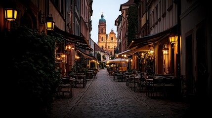Fototapeta premium A charming cobblestone street at dusk, flanked by illuminated cafés and a distant church tower, evoking a warm, inviting atmosphere.