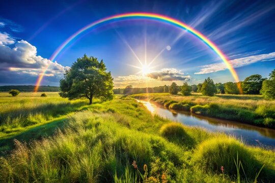 Vibrant Sunbow Arching Across a Clear Blue Sky in a Serene Natural Landscape Scene