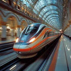 Fototapeta premium Modern High-Speed Train in Motion: Perfect for Travel Brochures and Tech Themes
