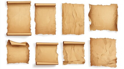 Set of eight realistic vintage parchment paper scrolls with crumpled, rolled, and torn edges isolated on white background.