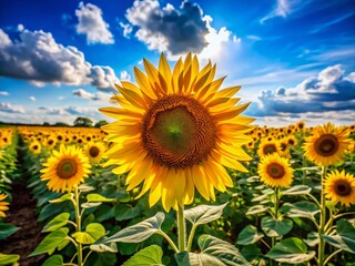 Fototapeta premium Vibrant Sunflower Field Under Blue Sky with Bright Yellow Blooms in Full Bloom During Summer Season