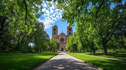 A picturesque view of a grand building framed by lush green trees under a bright blue sky, inviting visitors along a peaceful pathway.