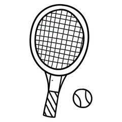 Hand drawn doodle tennis racket and ball on white background.