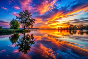 Vibrant sunset over a tranquil lake with colorful reflections in the water and silhouette of trees