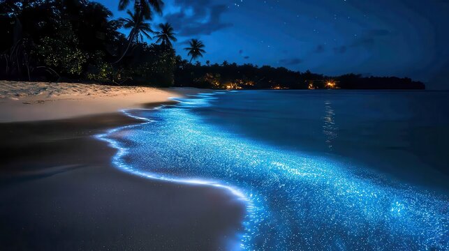 A tranquil night beach scene, showcasing bioluminescent waves gently lapping on the shore under a starry sky.
