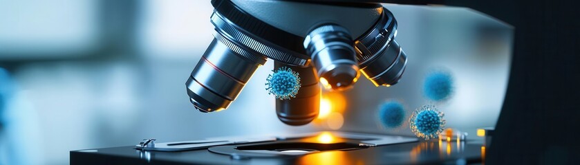 Close-up of a microscope with illuminated slide, showcasing scientific research and exploration in a laboratory environment.