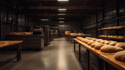 Fototapeta premium A spacious bakery interior with wooden tables lined with freshly baked bread, illuminated by overhead lights, creating a warm and inviting atmosphere.