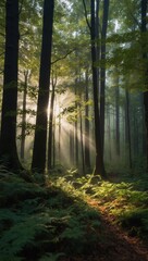 Obraz premium Serene forest scene with sunlight filtering through tall trees at sunrise or sunset
