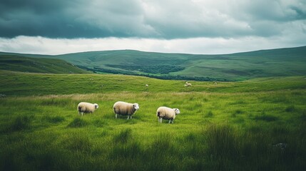 Fototapeta premium Serene Pastoral Landscape with Grazing Sheep