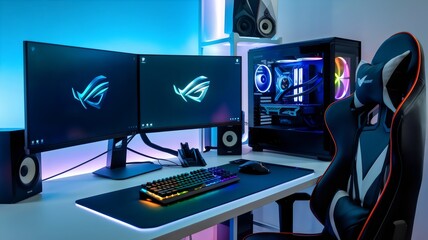 Fototapeta premium A cutting-edge gaming setup with a multi-monitor display, RGB-lit mechanical keyboard, and a high-end gaming PC with glowing LED components.