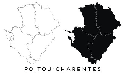 Poitou Charentes map of regions districts vector black on white and outline