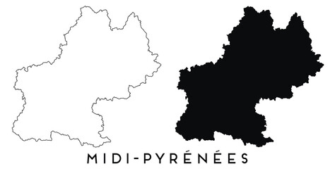 Fototapeta premium Midi Pyrenees map outline and black silhouette vector