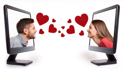 Online meeting, dating on an app or chat room, social media concept. Falling in love on the internet, man and woman having deep feelings for each other virtual reality. Isolated on white. red hearts
