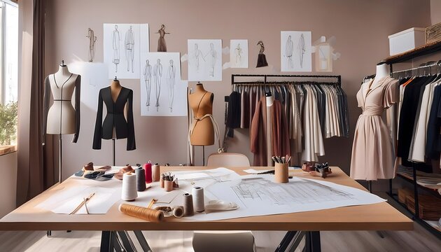 fashion design studio background featuring mannequins dressed