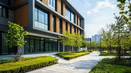 Modern Office Building with Greenery and a Walkway