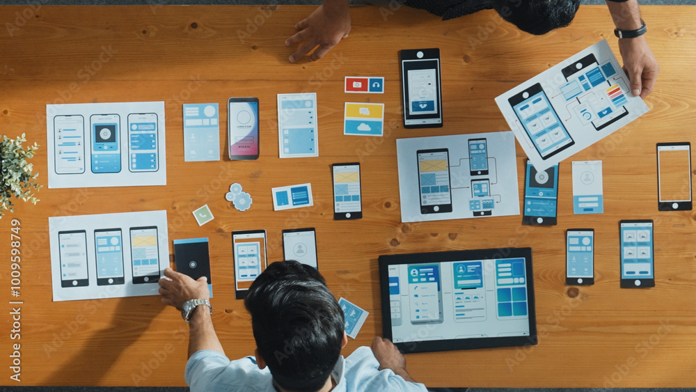  top view of software developer working on ux ui design while team working together to brainstorm and