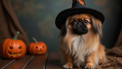 Photorealistic masterpiece pekingese dog with Halloween witch's hat on the Halloween background looking at the camera, only the top of the body, detailed