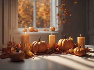 Obraz premium Festive ripe pumpkins in front of the window.