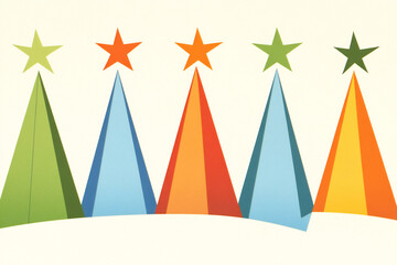 Colorful paper Christmas trees with stars displayed in a festive arrangement for holiday decorations