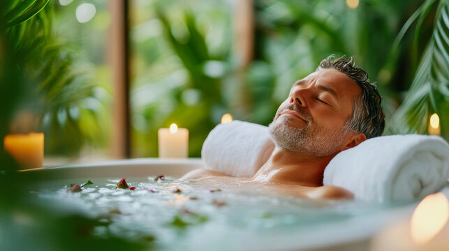 A man enjoying a relaxing spa soak surrounded by greenery and candles during a peaceful afternoon