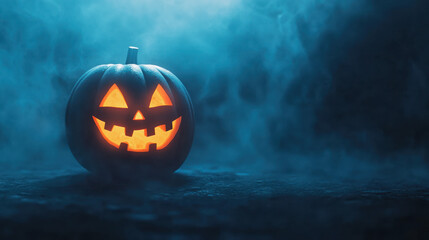 Naklejka premium A glowing Halloween pumpkin sits in fog, casting an eerie light in a mysterious and misty night setting