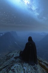 A figure in a cloak gazes at a starry sky over a mountainous landscape.