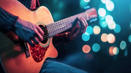 Naklejka premium Musician Playing Guitar on Stage with Soft Lights