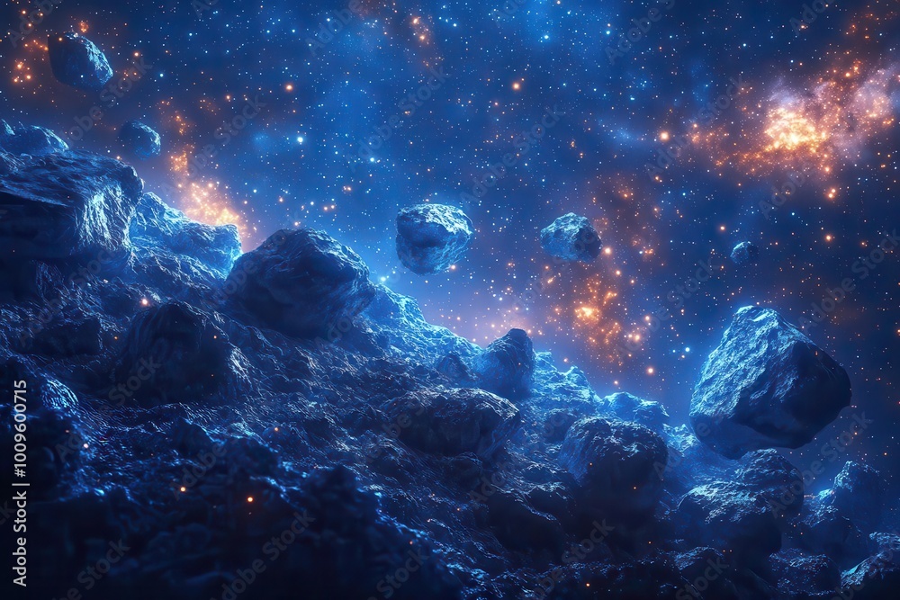 Wall mural celestial scene of asteroid field against starry backdrop various sizes and textures of space rocks 