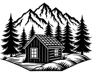 Cabin Wilderness Mountain silhouette vector illustration,Forest house,Christmas home