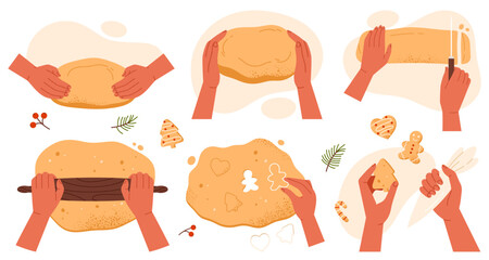 Kneading dough hands set. Woman hands prepares homemade cookies. Top view of Christmas bakery. Instruction for baking recipe. Isolated vector illustration in cartoon style