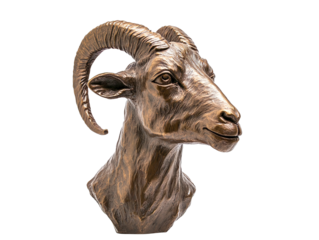 Bronze head of a goat statue isolated on transparent background