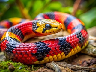 Fototapeta premium Vibrant Yellow Red and Black Snake Slithering Over Natural Background in Close-Up Photography