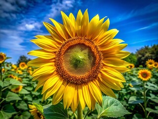 Obraz premium Vibrant Yellow Sunflower Surrounded by Lush Green Leaves Against a Bright Blue Sky in Nature