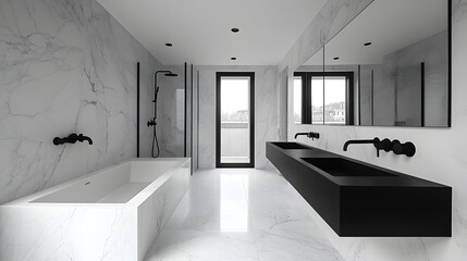 Fototapeta premium a sleek, modern black bathroom sinks and the white marble walls. minimalist bathroom design, monochrome bathroom 