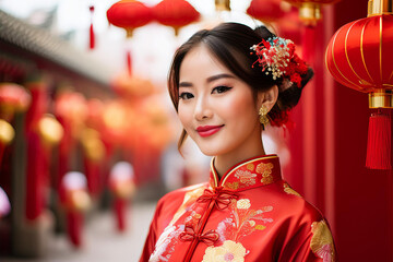 Fototapeta premium Young Woman in Vibrant Red Traditional Dress