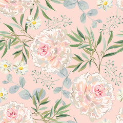 Peony flowers, daisies, green leaves, blush pink background. Floral illustration. Vector seamless pattern. Botanical design. Nature garden elements. Summer plants