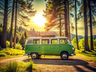 Obraz premium Vintage green van parked in a scenic location surrounded by trees and nature on a sunny day