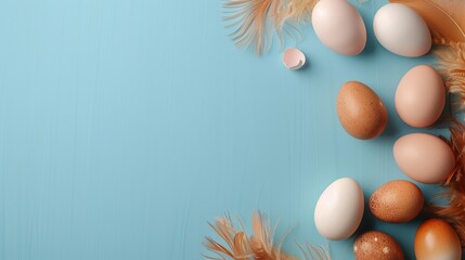Easter Banner Displaying Eggs and Feathers with Space for Text.