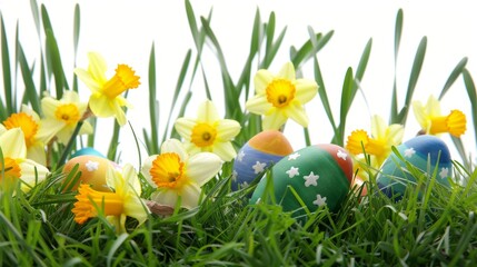 Easter Background Featuring Colorful Eggs and Daffodils in Grass